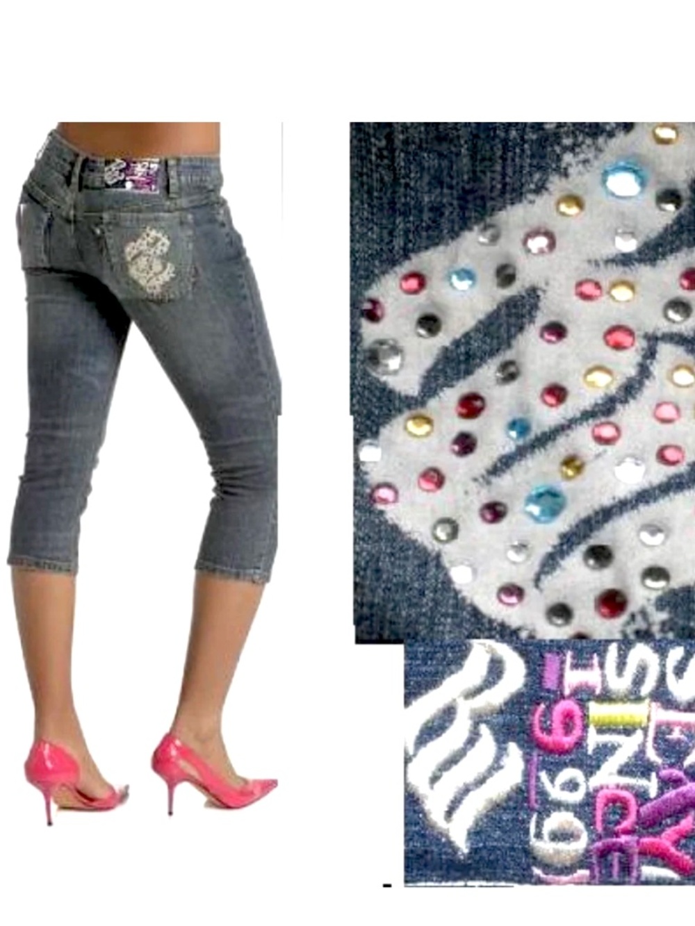 NEW Y2K rhinestone Rocawear Logo Bling Capri Jeans 11 / 12